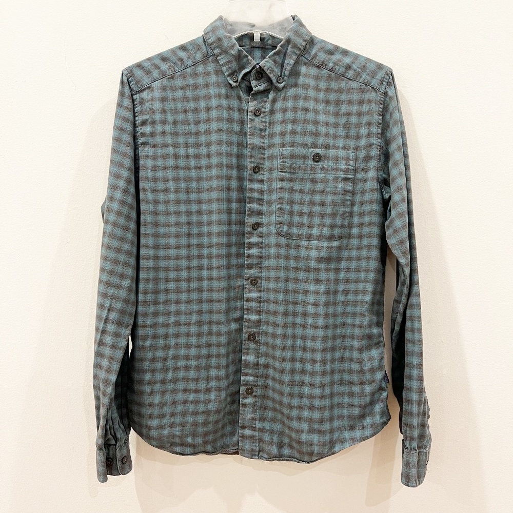 Patagonia Vjosa River Shirt Mens Small Blue Plaid Organic Cotton Long Sleeve